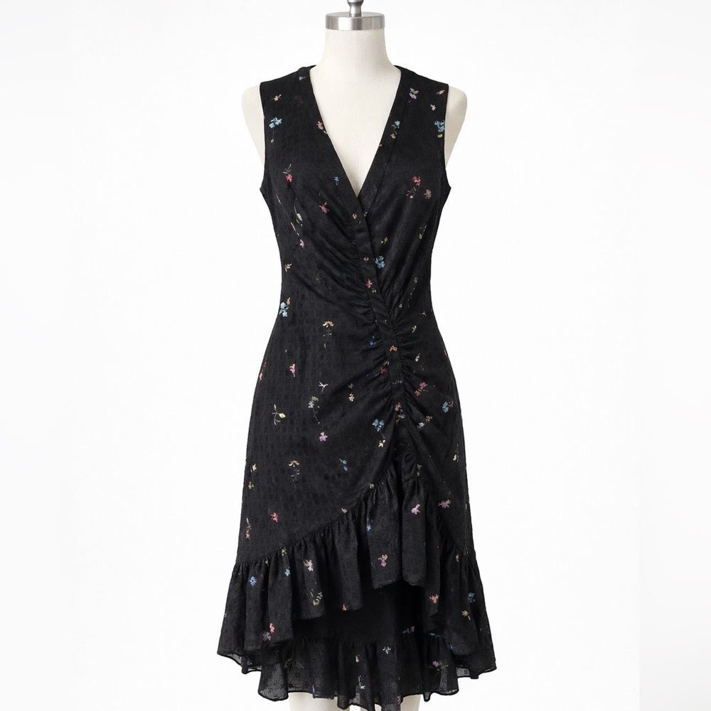Parker New York Black Floral Ruched Ruffle Hem Dress - Size 4